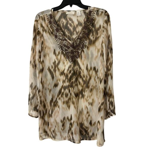Chico’s Sheer Metal Embellishment Longline Split Sleeve Tunic Top Size 2 Large - Picture 1 of 13